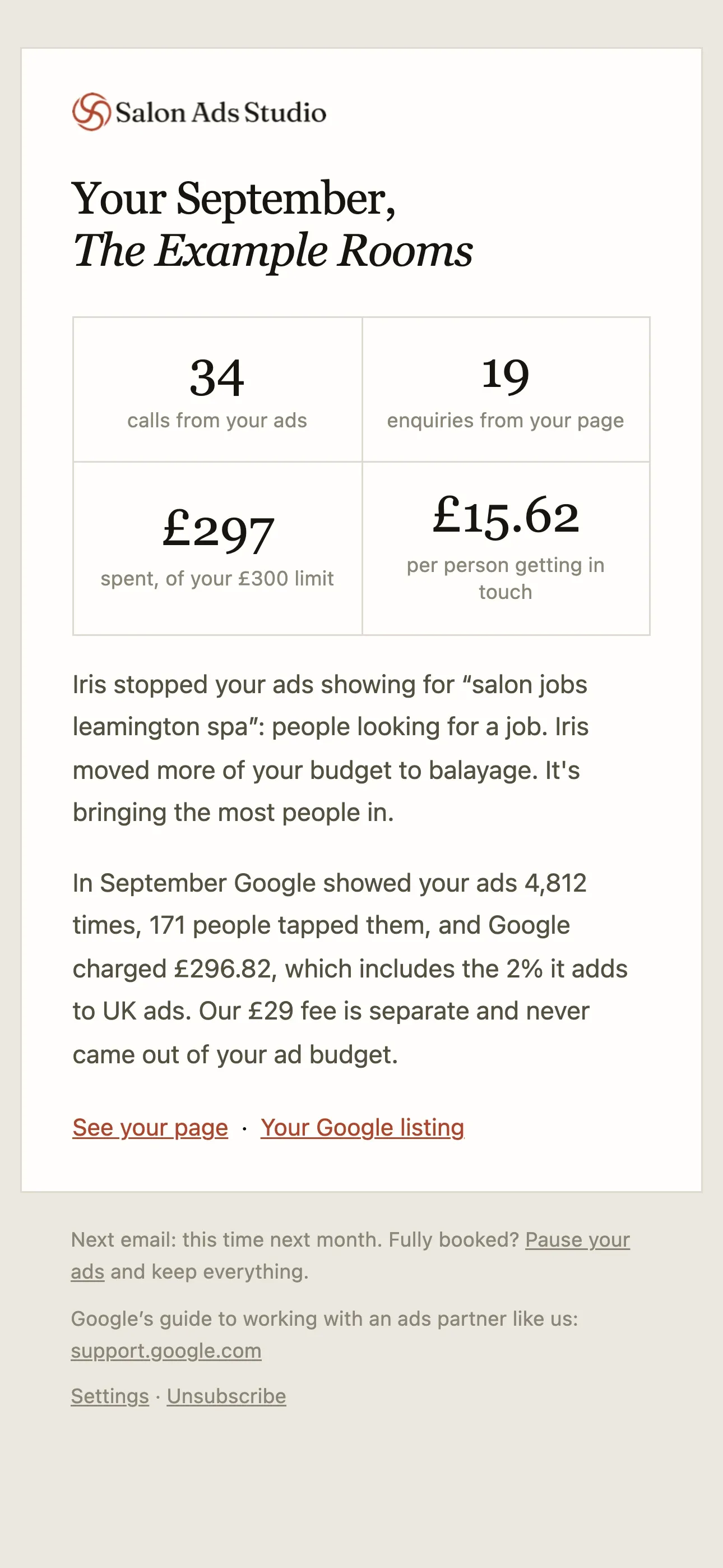 The monthly email on a phone: calls, enquiries, what was spent and the cost per enquiry, then a plain sentence on what changed