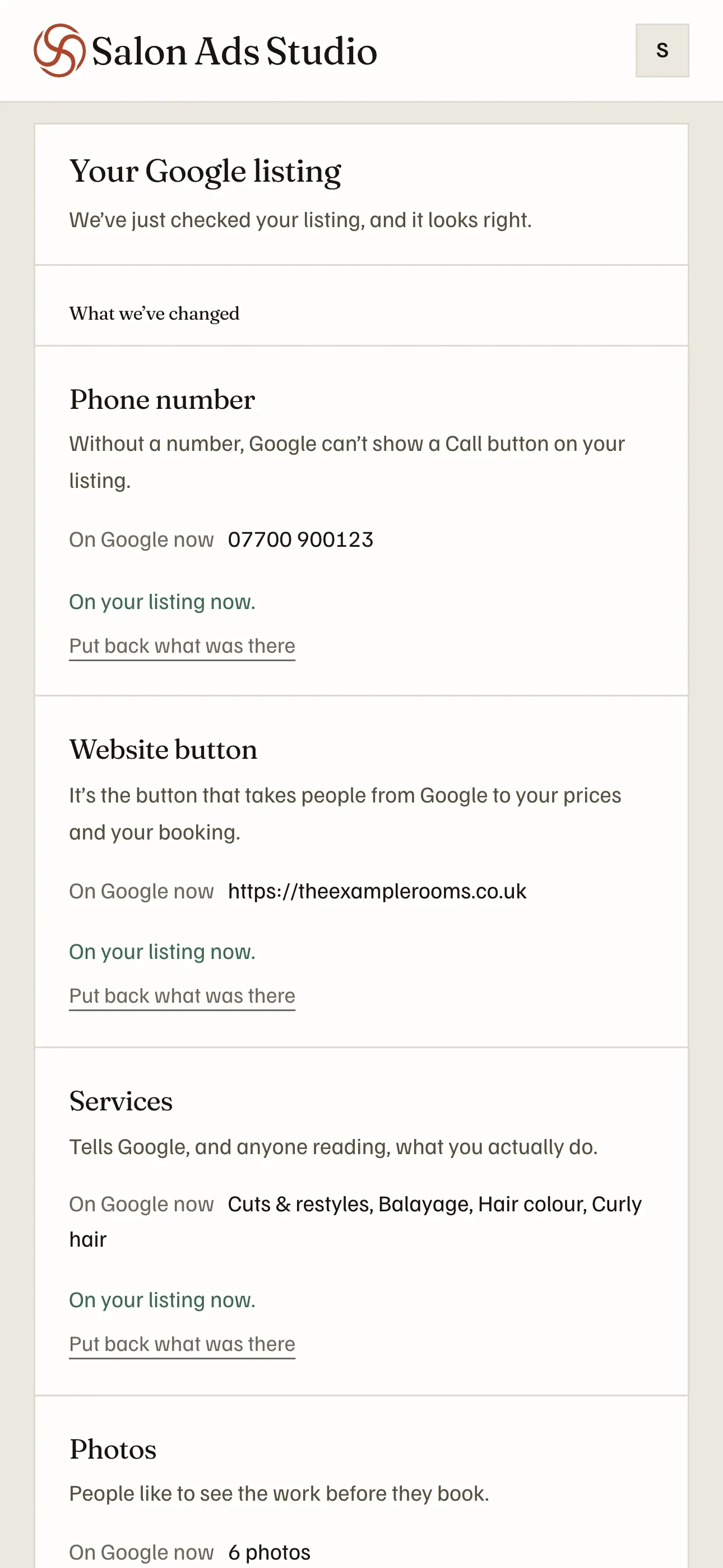 Example listing review inside the Salon Ads Studio app, showing the salon's contact details and services