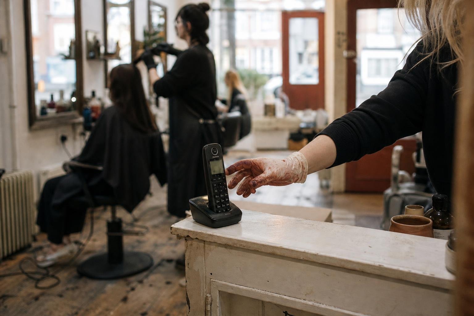 A stylist reaching for the salon phone with a colour-stained glove still on, mid-appointment