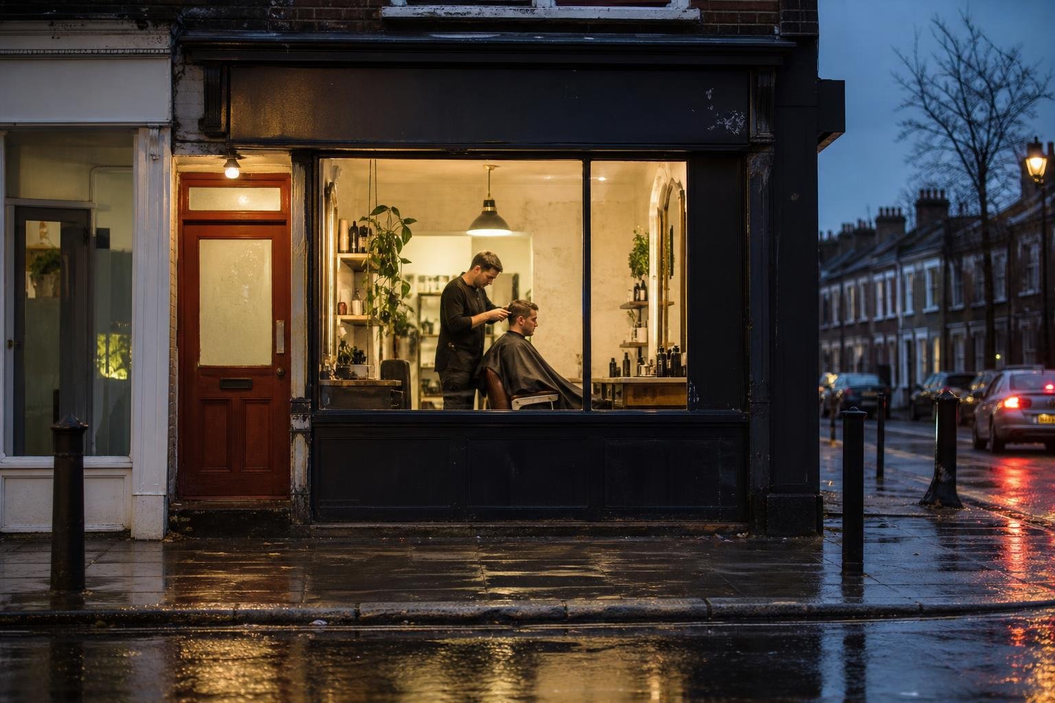 A small salon lit up across a wet street at dusk, found by the same branded search the Google listing Book button serves