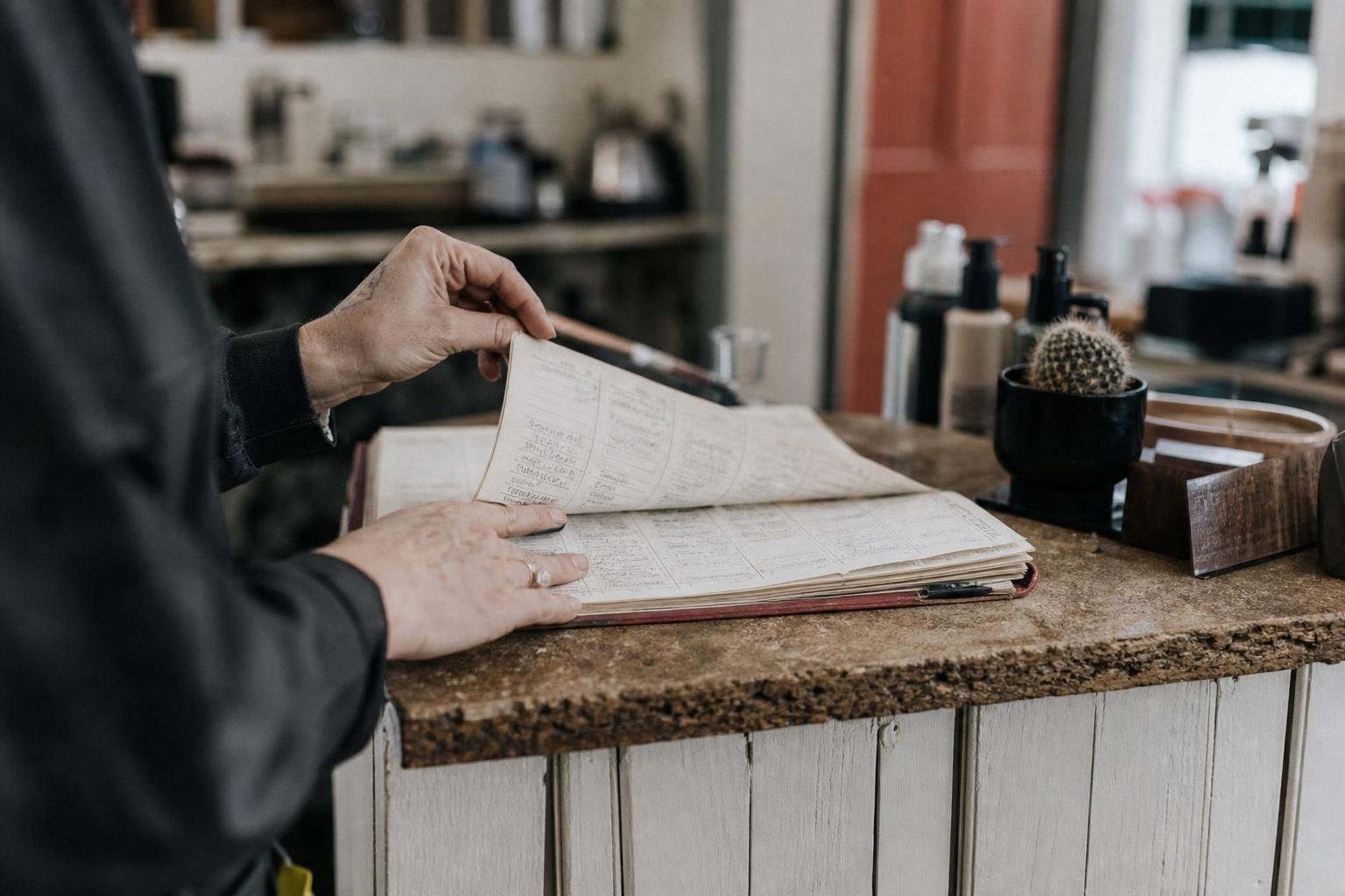 Hands turning the page of a salon appointment book, the client list that decides what a Google listing booking costs