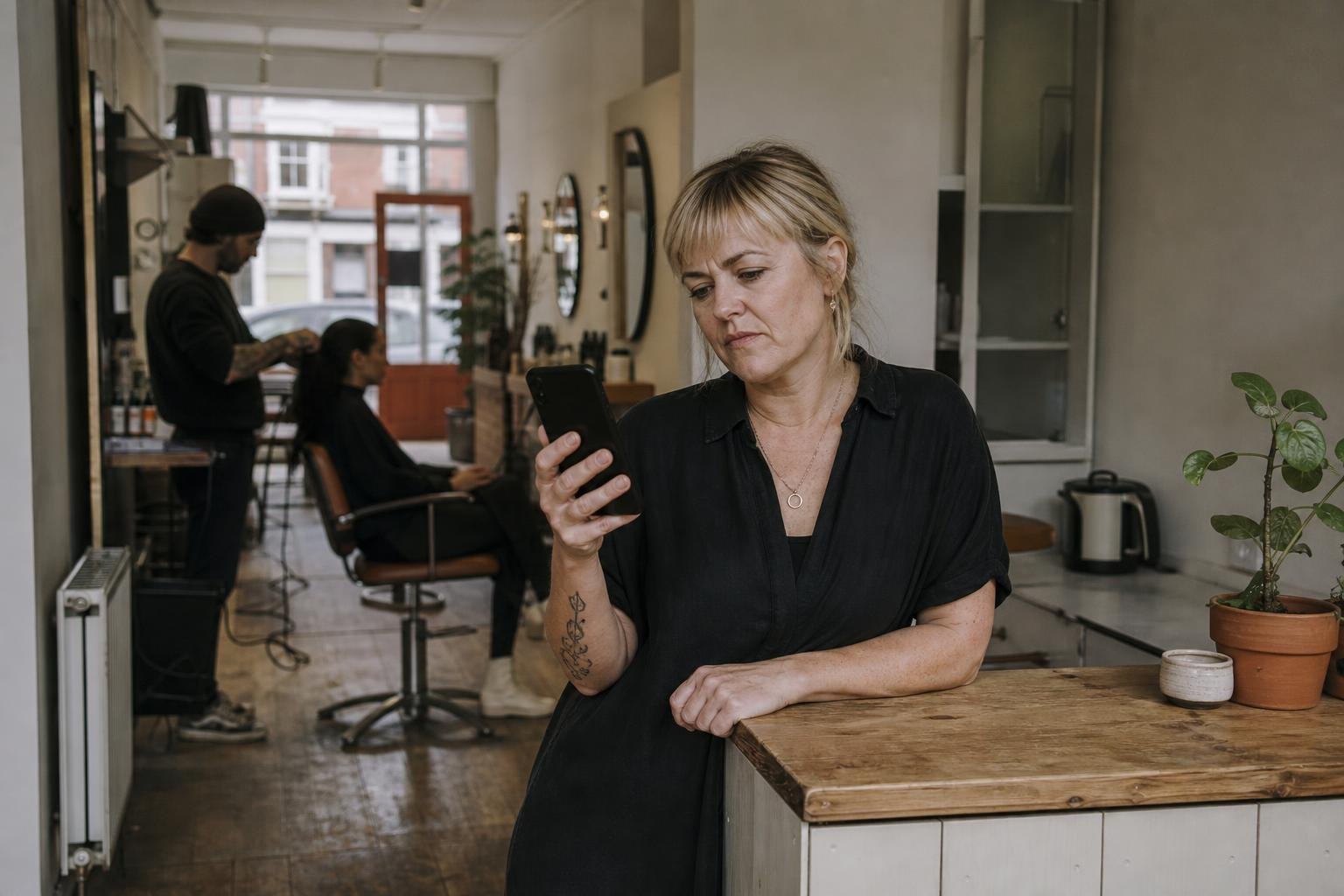 A salon owner at her reception counter checking her phone to see where the Book button on her Google listing leads