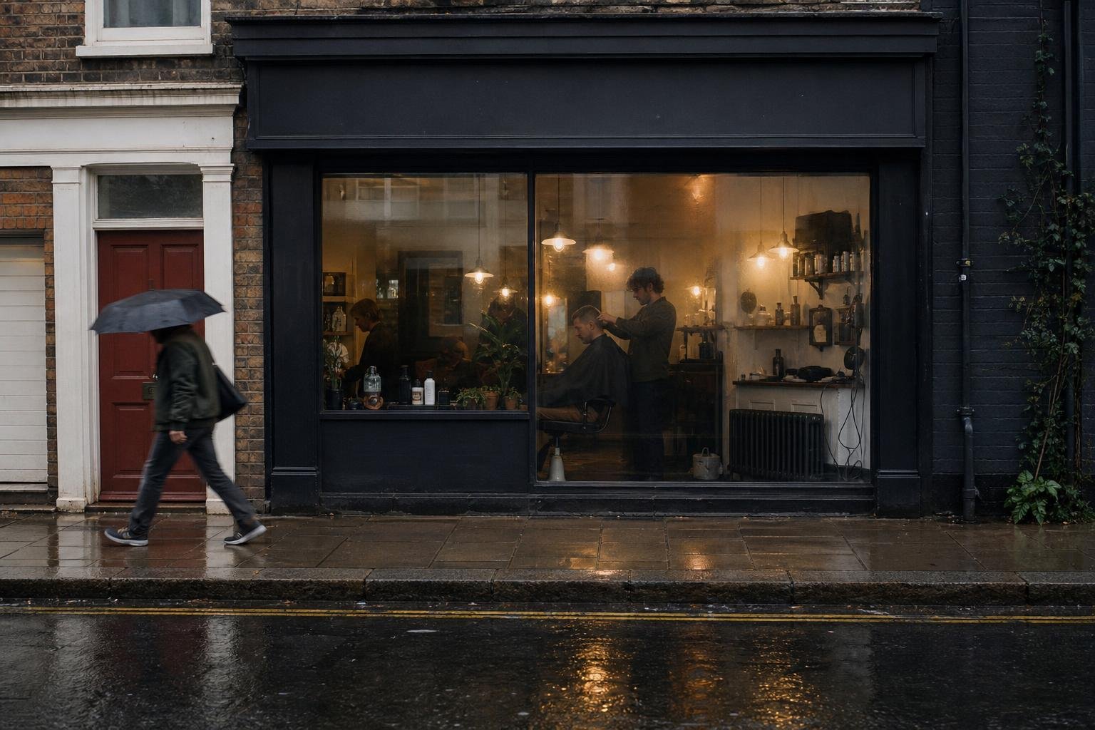 A small salon on a wet British street, the business behind any Google Ad pointed at its own Fresha booking page