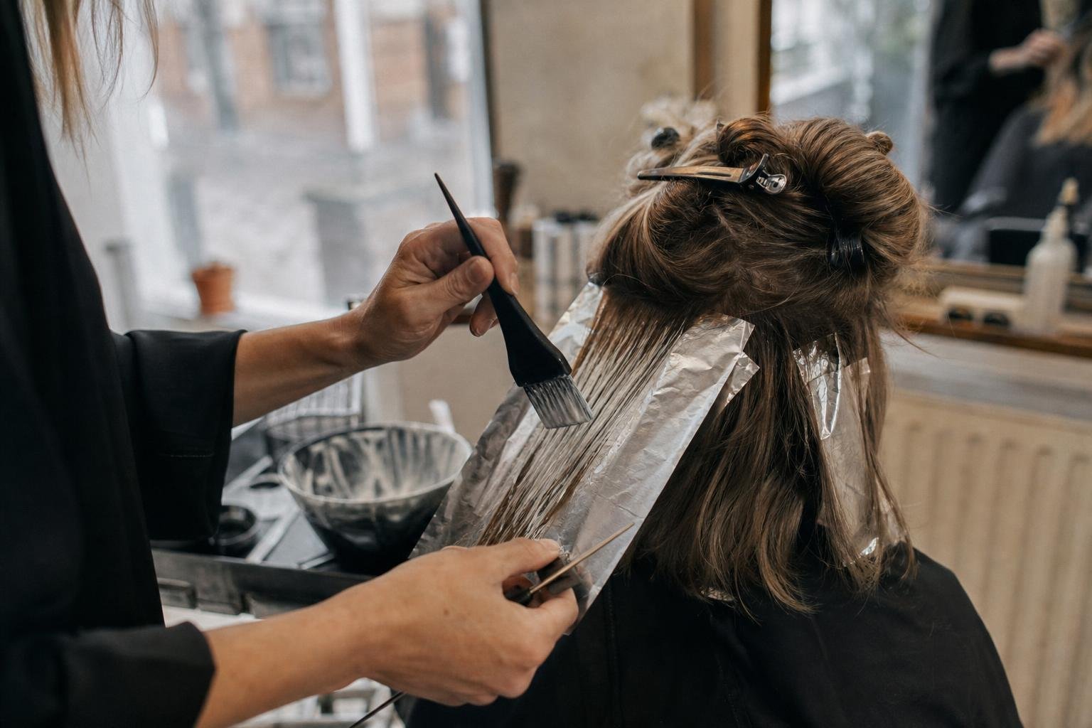 A colourist painting lightener onto foils, the kind of first booking a Fresha booking page can charge a fee on