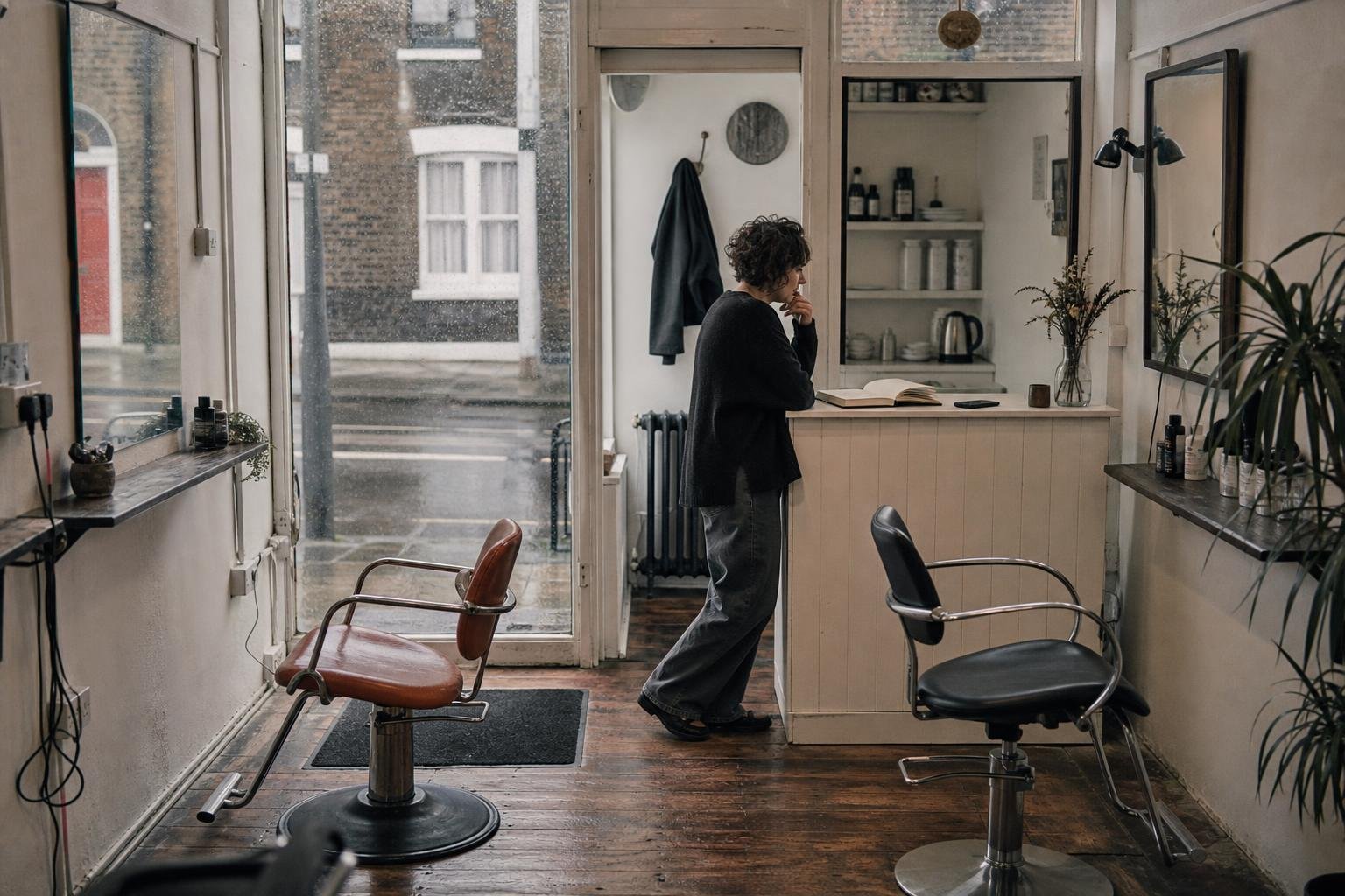 A salon owner at her counter on a wet morning, weighing up whether to send her Google Ads to her Fresha booking page