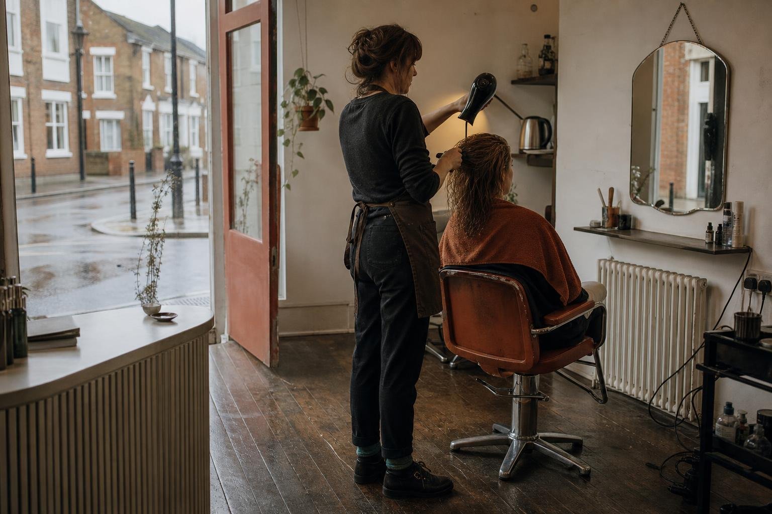 A stylist blow-drying a client past an empty reception counter, the quiet behind salon ads that get clicks but no calls