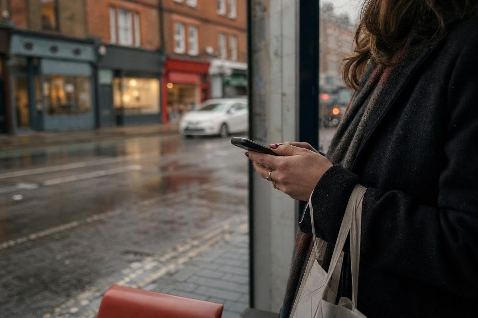 A woman checking her phone at a wet bus stop, the person behind a salon ad click that never becomes a call