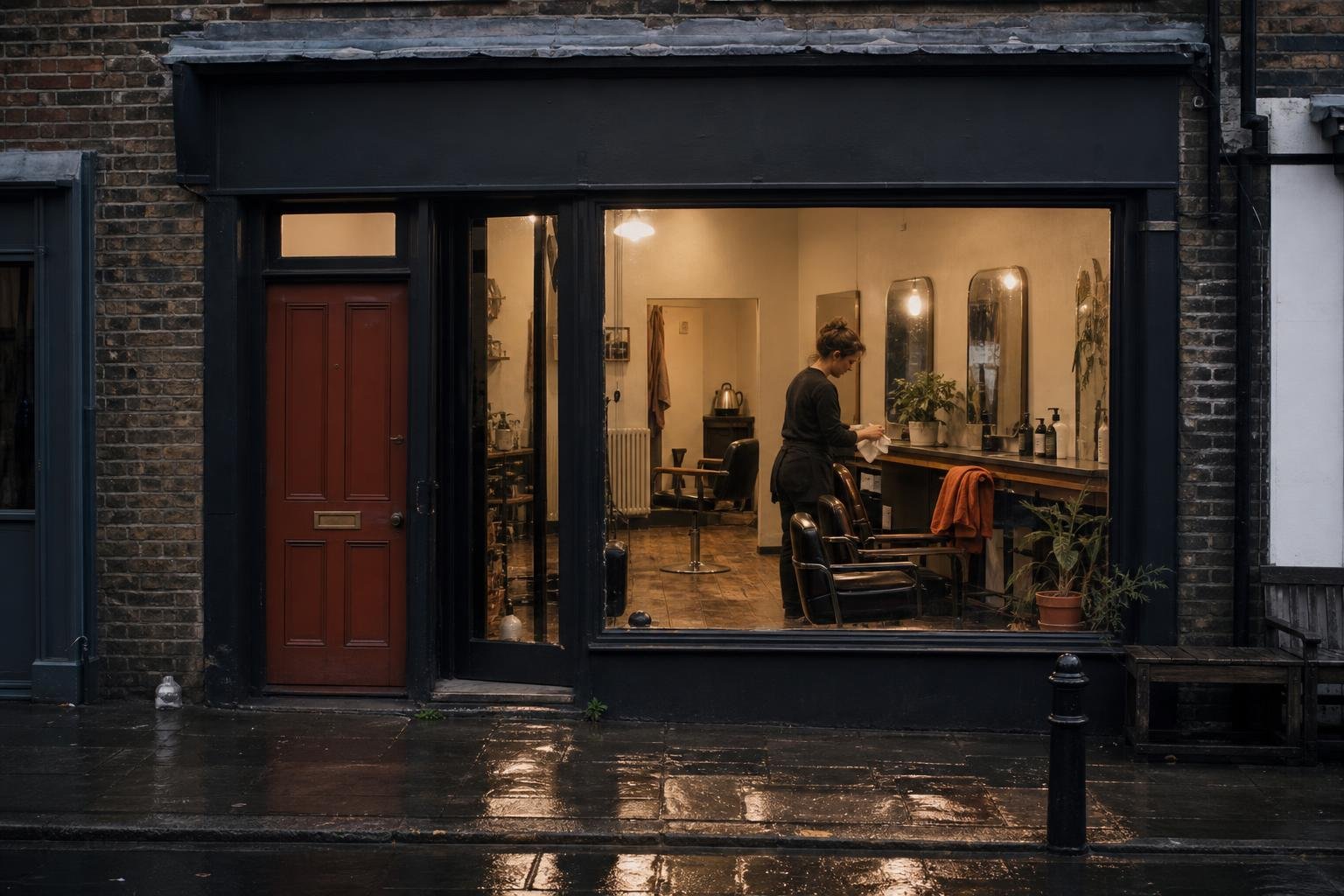 A lit salon at dusk with empty chairs, where salon ads bring clicks but no calls at the end of the day