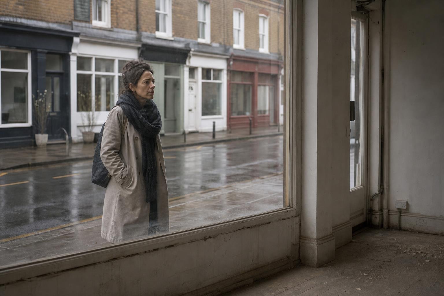 A woman at the window of an empty high street unit, weighing up whether there is enough demand for a salon there