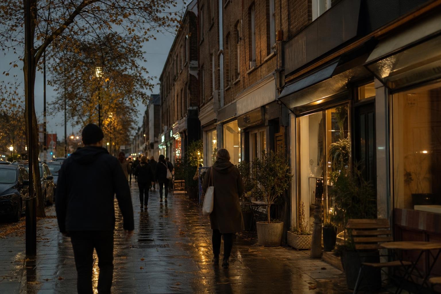 People passing lit shopfronts on a wet high street at dusk, where demand for a salon is decided by who actually walks past