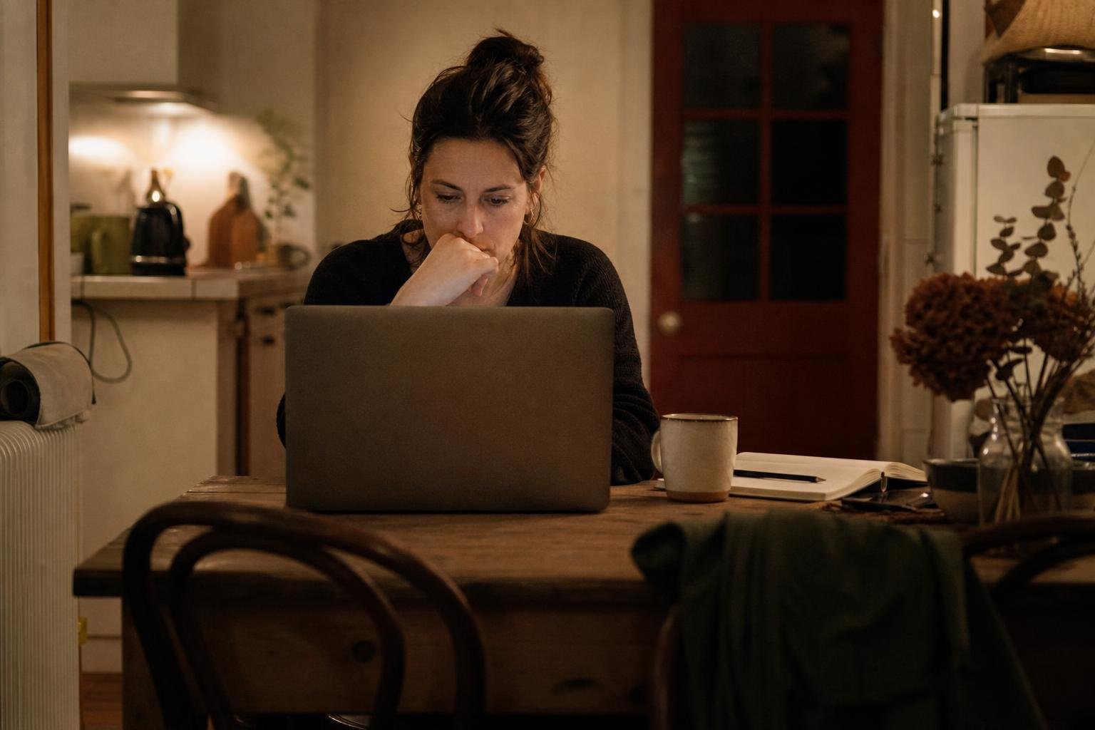 A woman at her kitchen table at night with a laptop, checking whether there is enough demand for a salon in a new town
