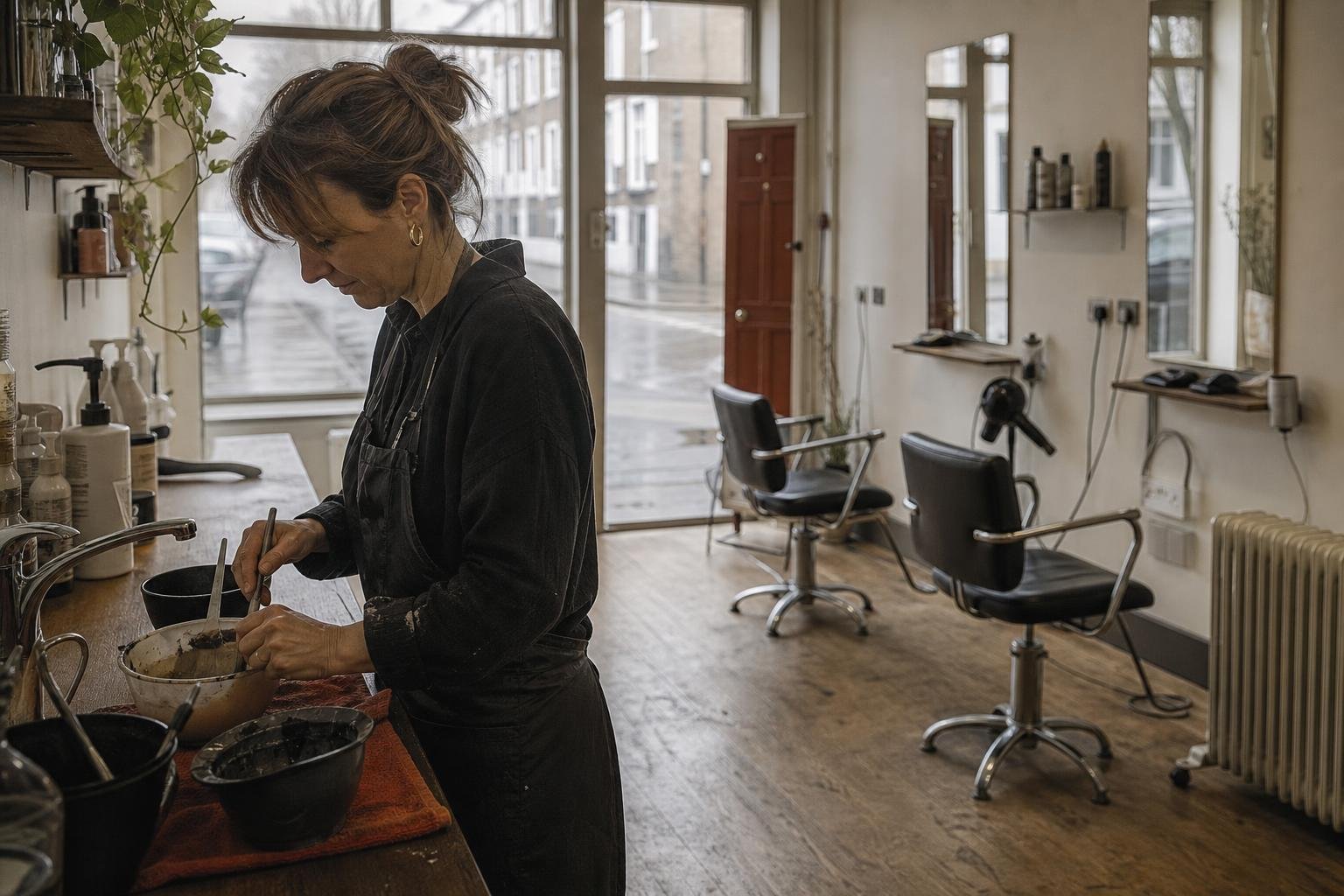 A hairdresser mixing colour beside empty chairs, the quiet midweek days an independent salon has to fill