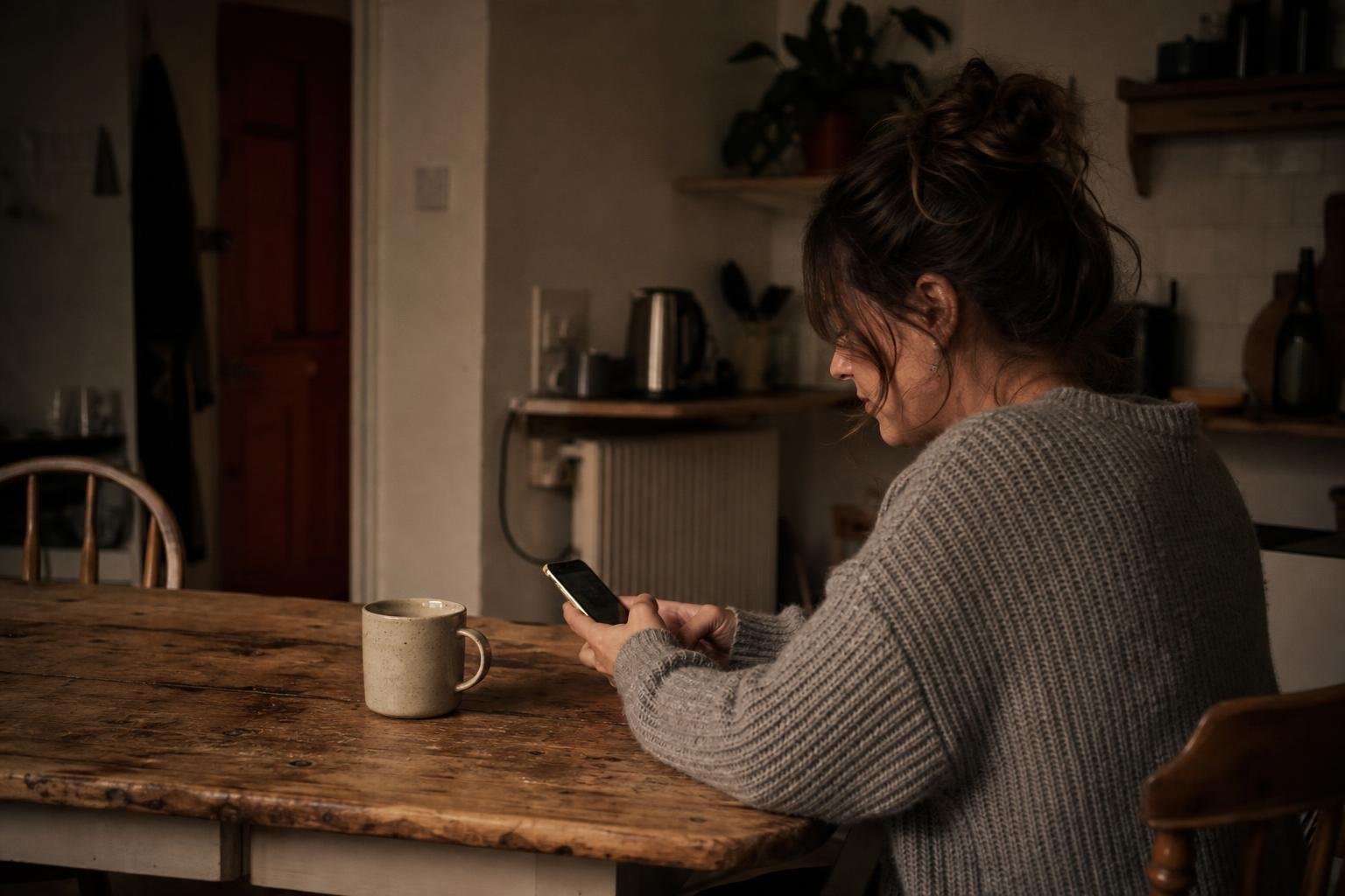 A woman searching on her phone at her kitchen table in the evening, when midweek salon appointments get looked for