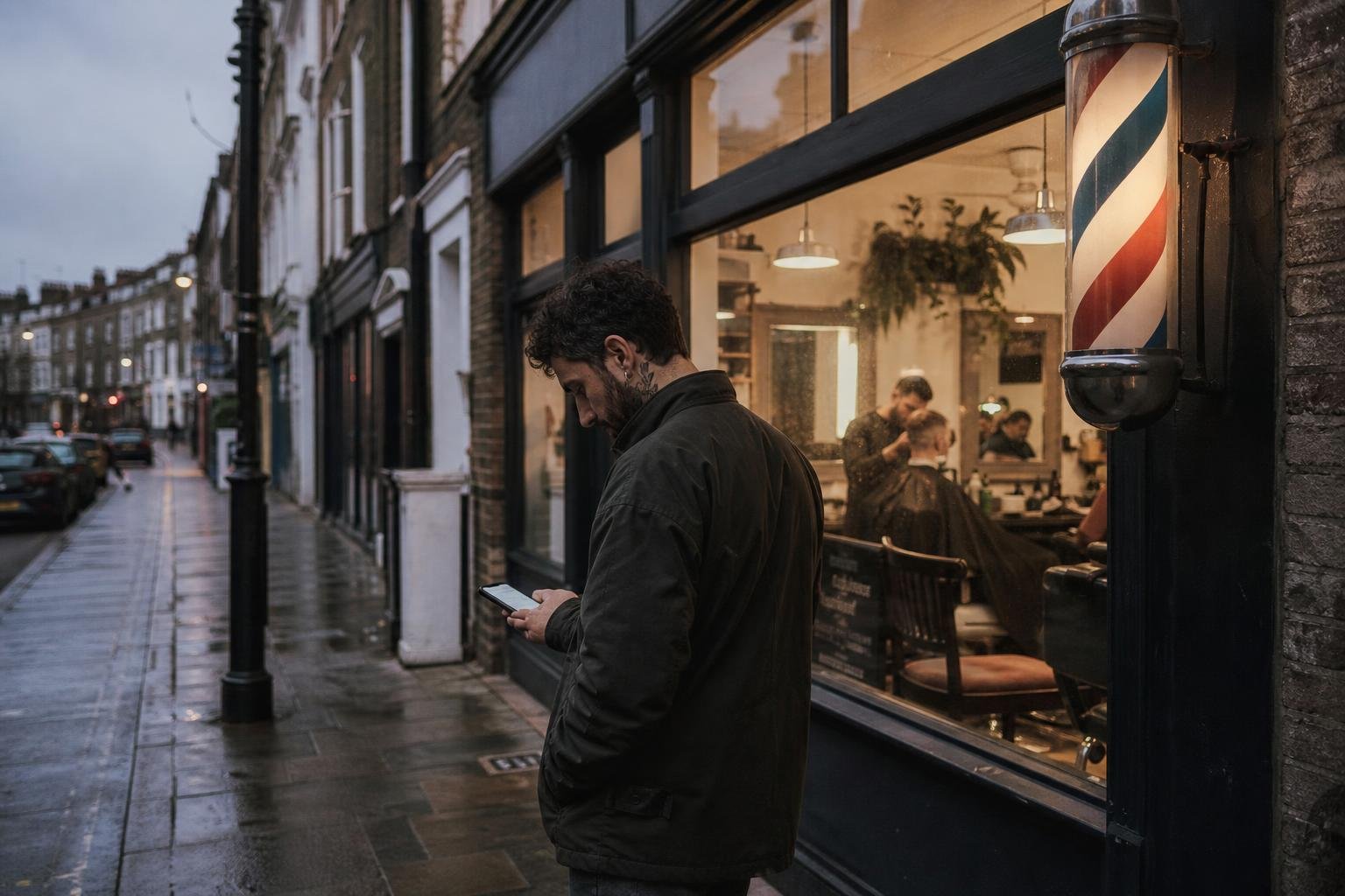 A man checking his phone outside a lit barbershop window, the moment Google Ads for a barbershop has to win