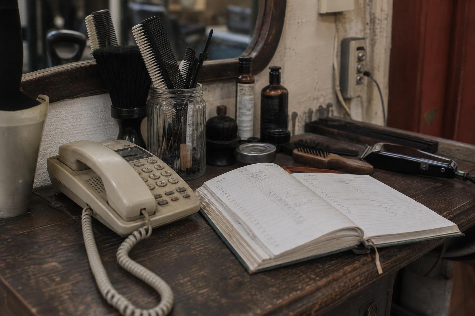 A barbershop counter with the shop phone and a paper appointment book, the number Google Ads has to verify
