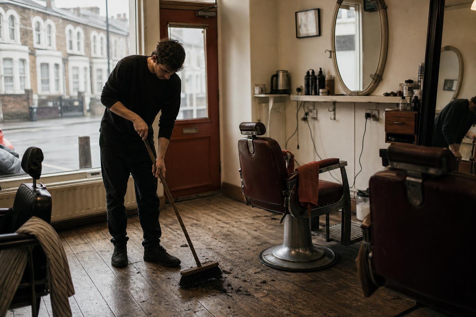 A barber sweeping up in an empty shop, the quiet hours Google Ads for a barbershop is meant to fill