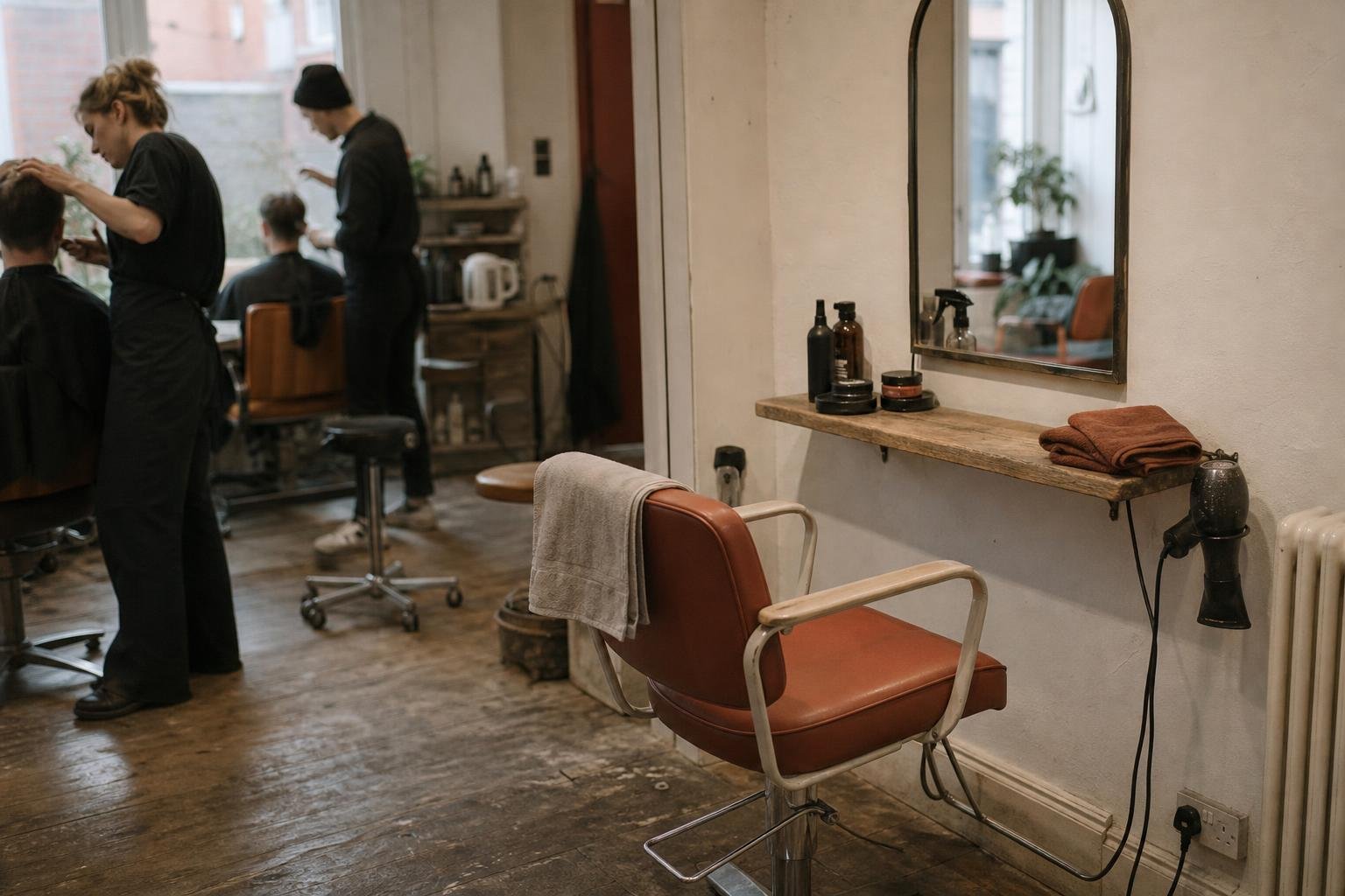 One empty styling chair in an otherwise busy independent salon, towel folded over the arm