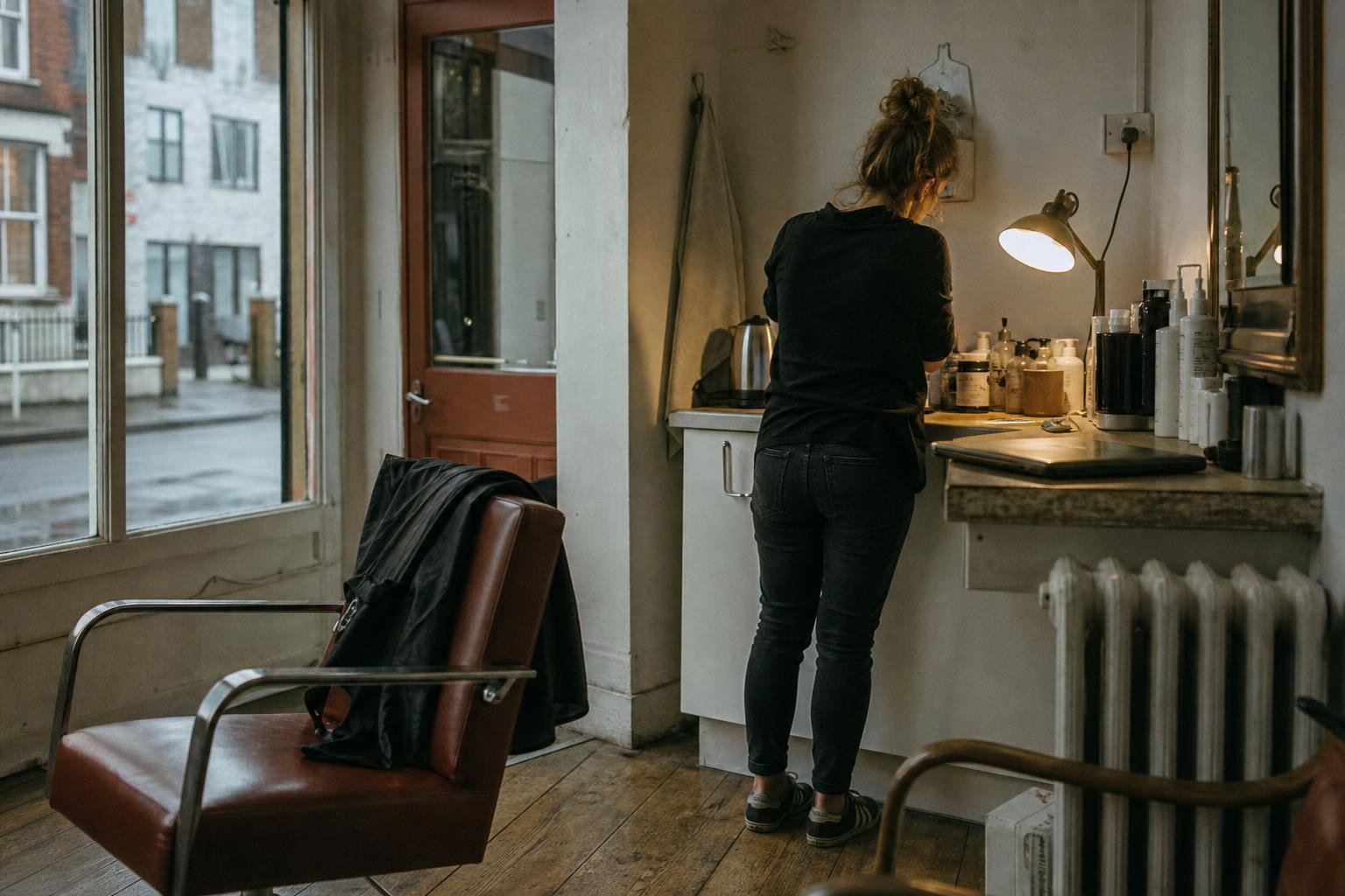 A salon owner alone at the back counter after closing, laptop shut, doing the other half of the job