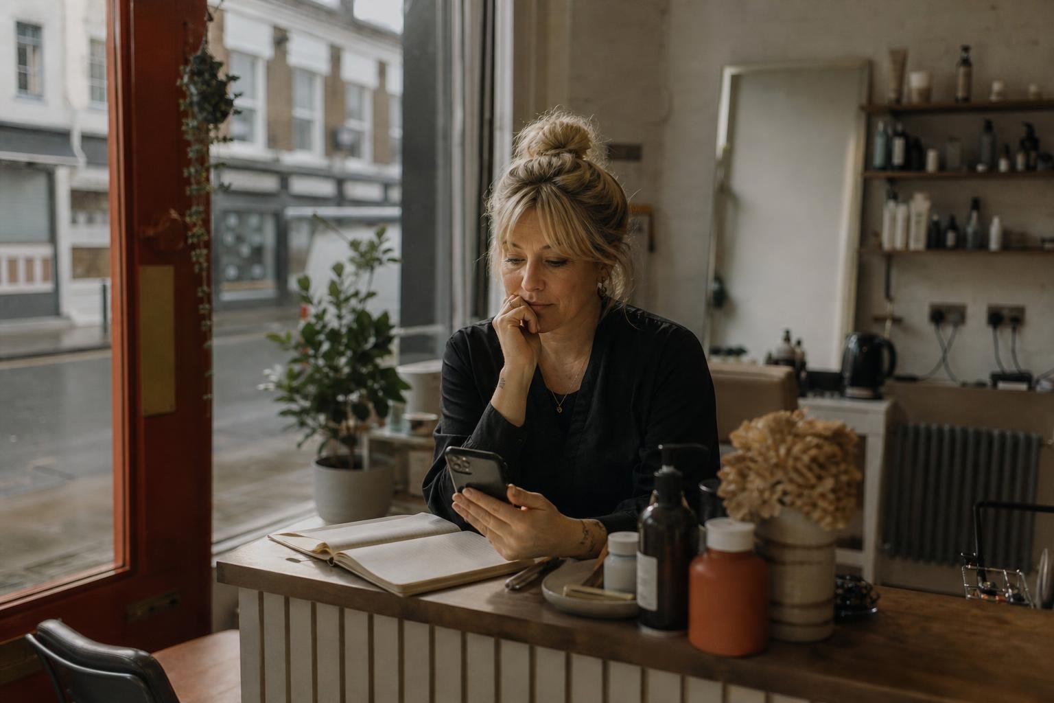 A salon owner at her counter with phone and notebook, deciding between Google Ads or boosting Instagram posts