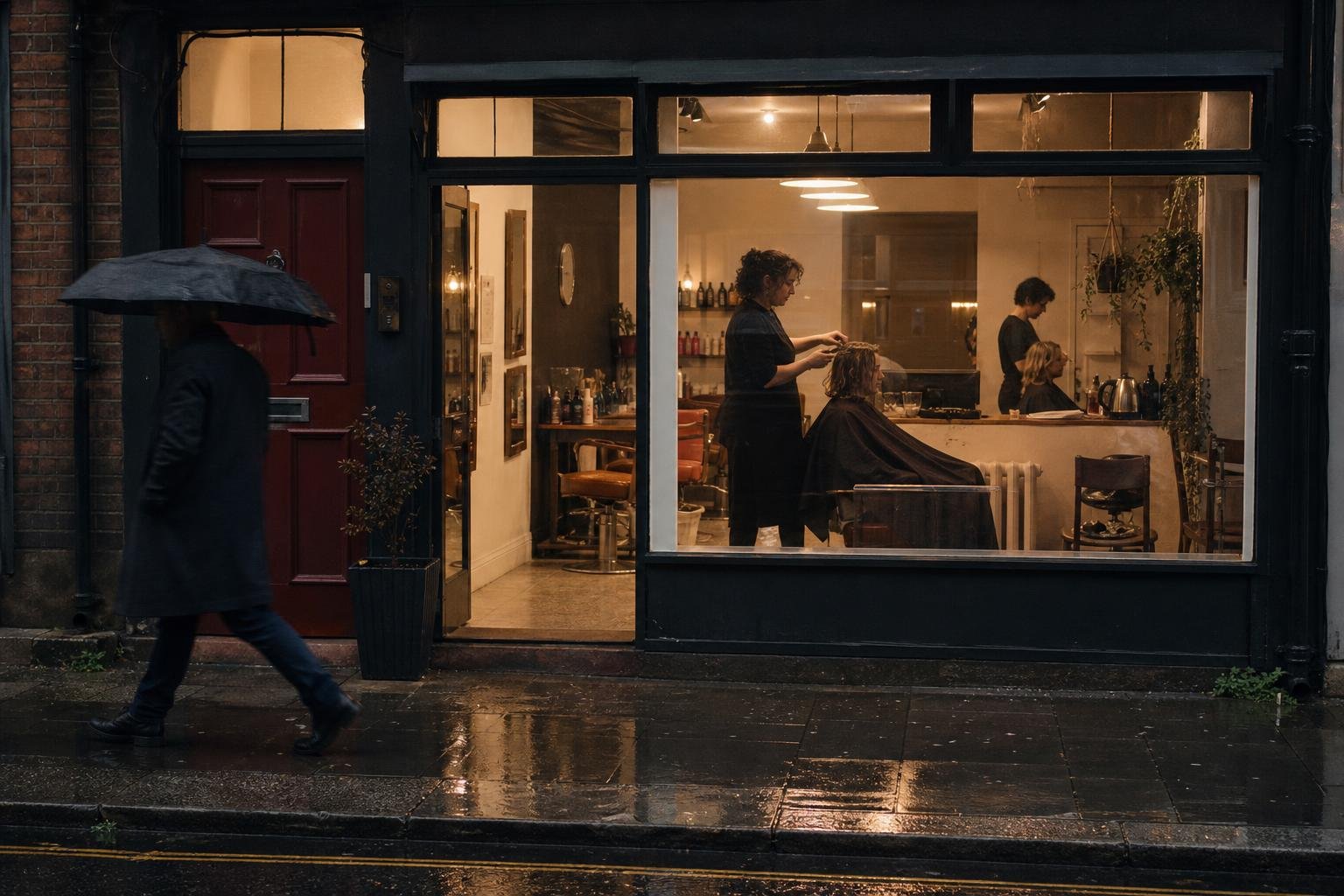 A lit salon window on a wet British evening with someone walking past, the passing trade Google Ads and Instagram both chase