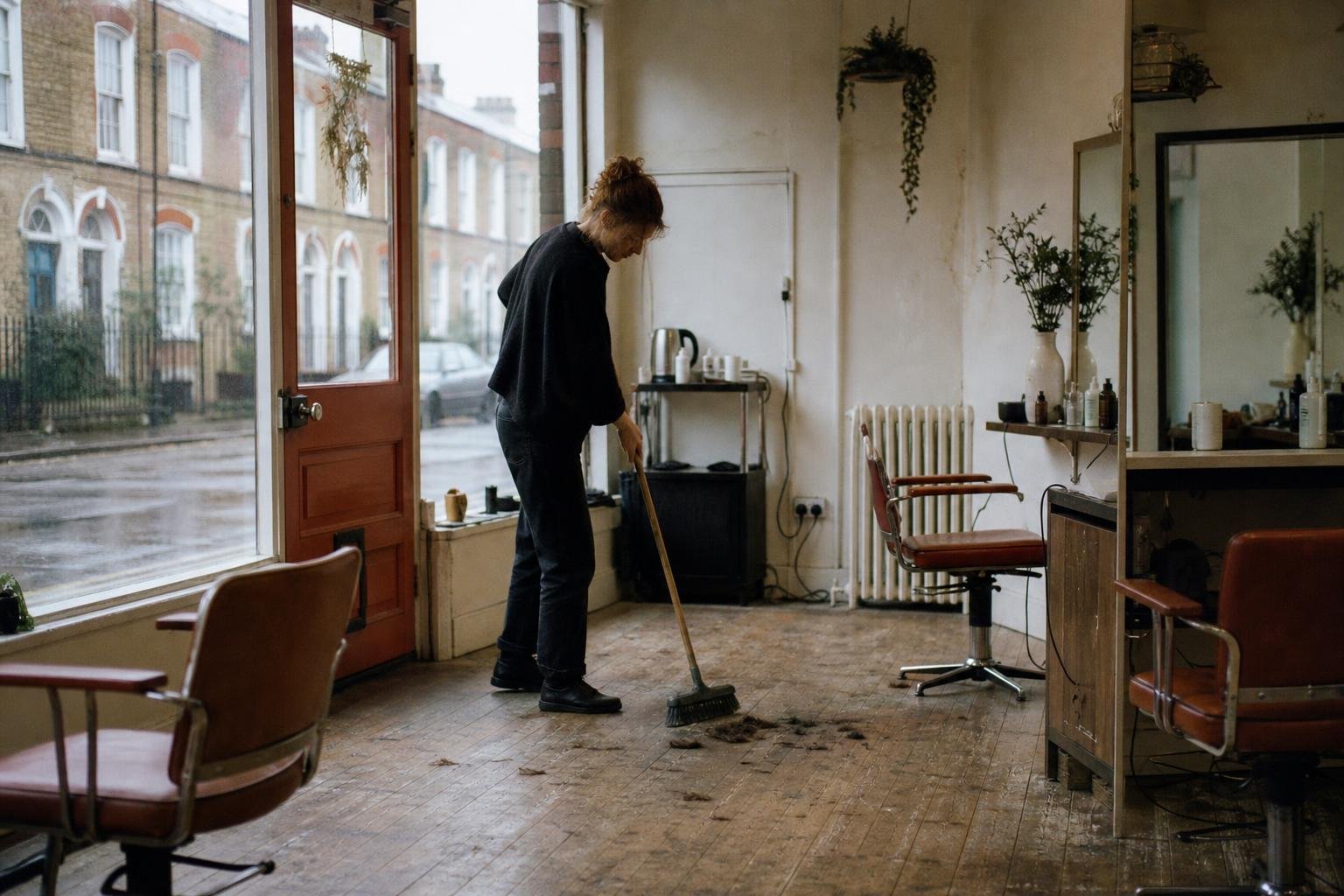 A stylist sweeping cut hair in an empty salon on a wet afternoon, the quiet day a Google Ads credit is meant to fill