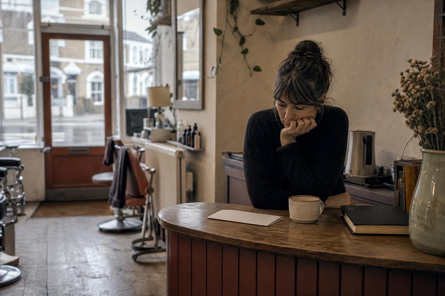 A salon owner at her reception desk after closing with a blank letter and tea, weighing up a Google Ads credit offer