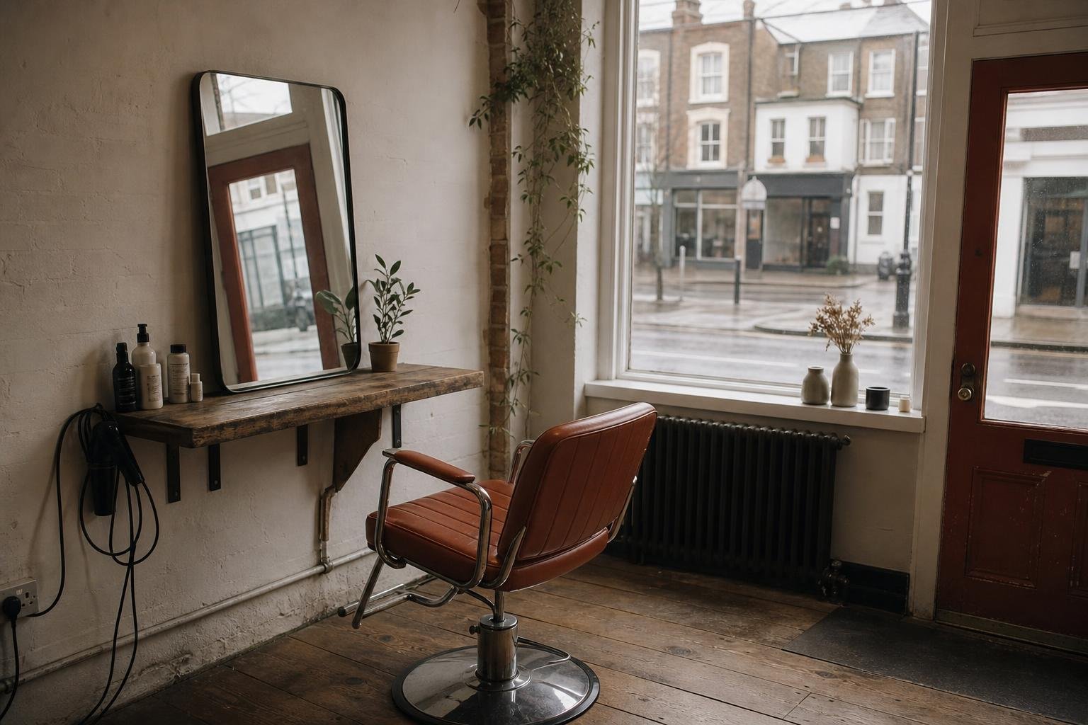 An empty chair in a quiet salon late on a weekday, the gap Google Ads for a chair renter is meant to fill