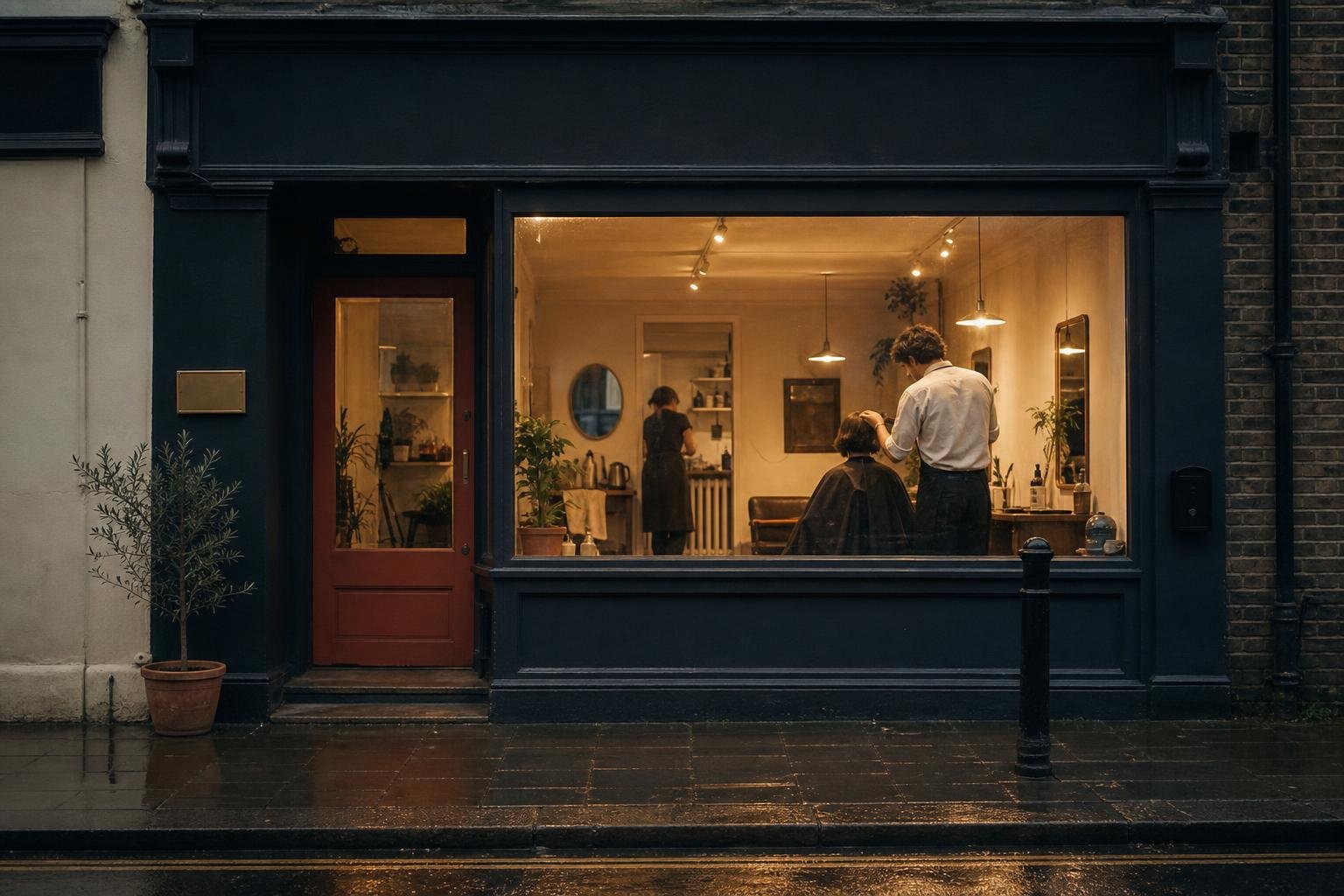 A blank name plate beside the door of a lit salon at dusk, the signage a Google listing at a rented chair needs