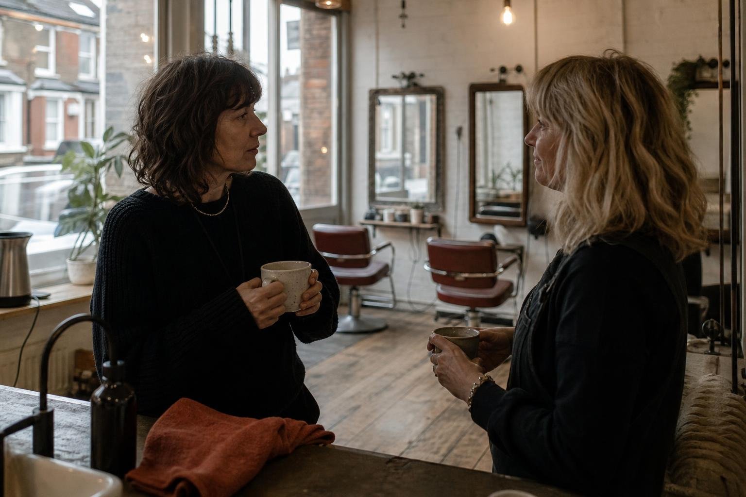 Two women talking over mugs in an empty salon, the conversation with the owner behind any Google listing at a rented chair