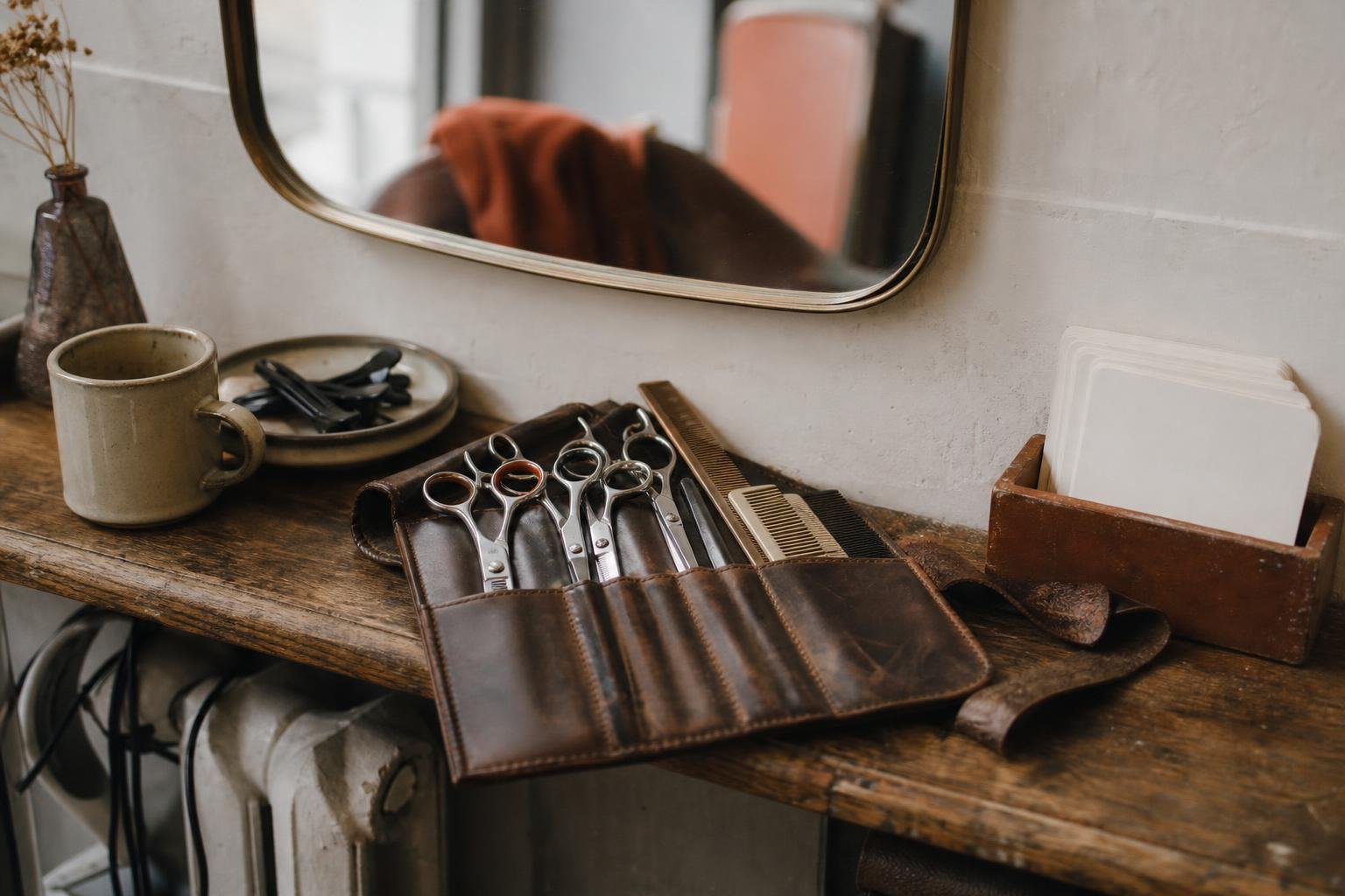 A stylist's own scissors, combs and blank cards at her station, the business behind a Google listing at a rented chair