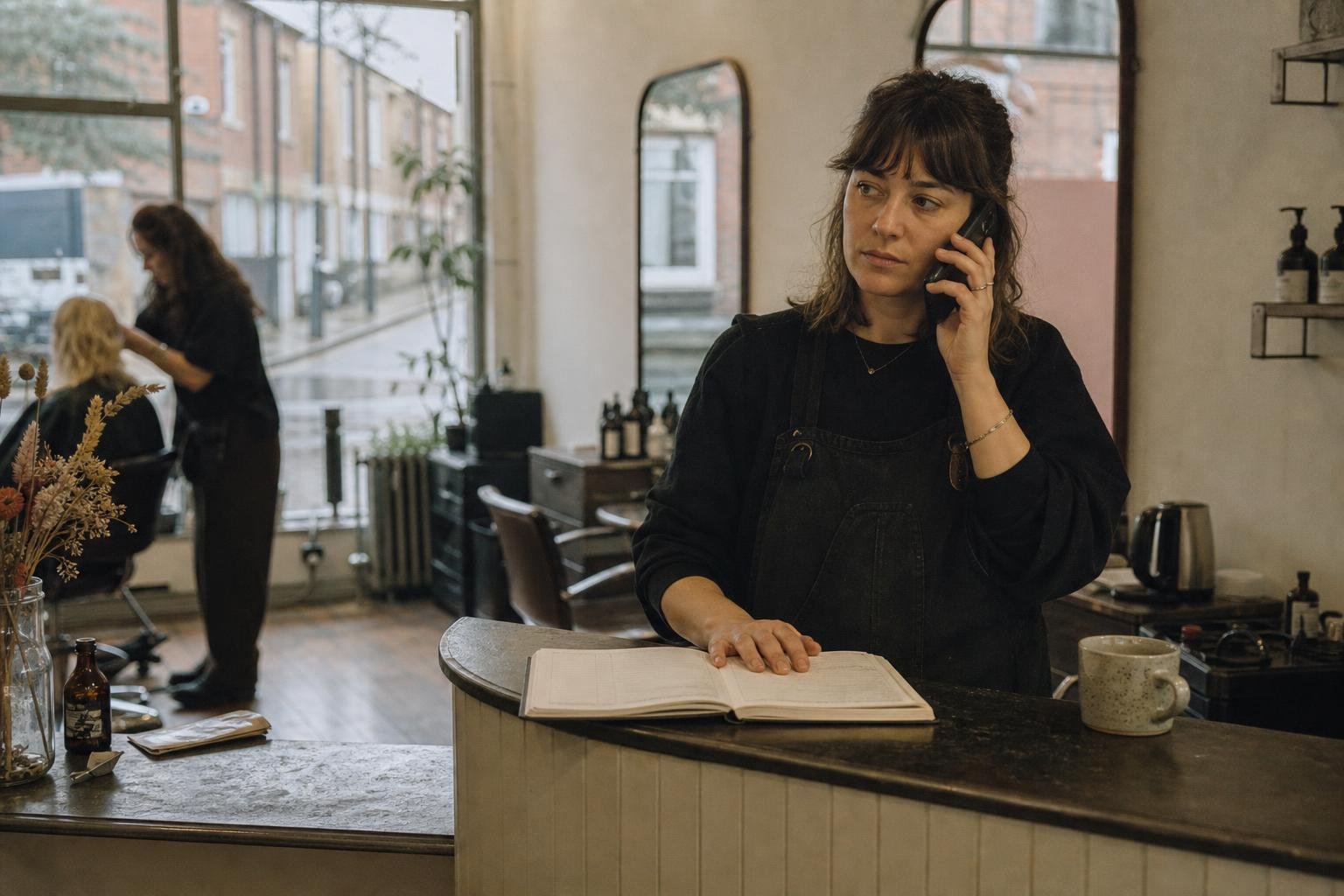 A salon owner on the phone at her reception counter, weighing up a Google rep's pitch to switch to Performance Max