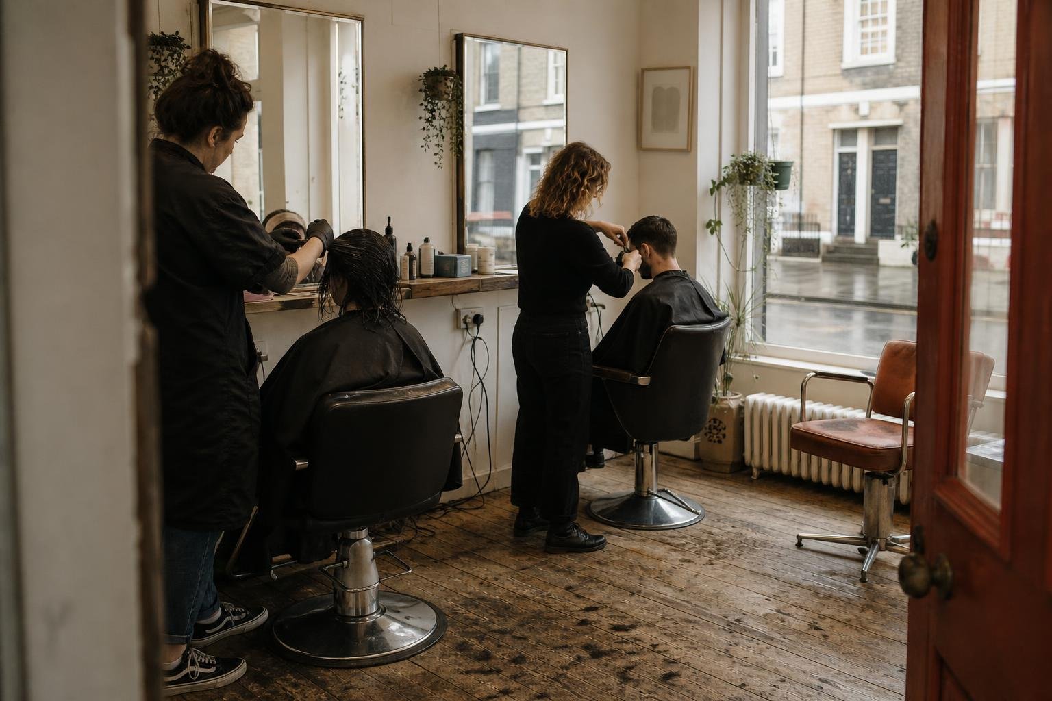 Two chairs busy and one empty in a small British salon, the midweek gap Performance Max is being pitched to fill