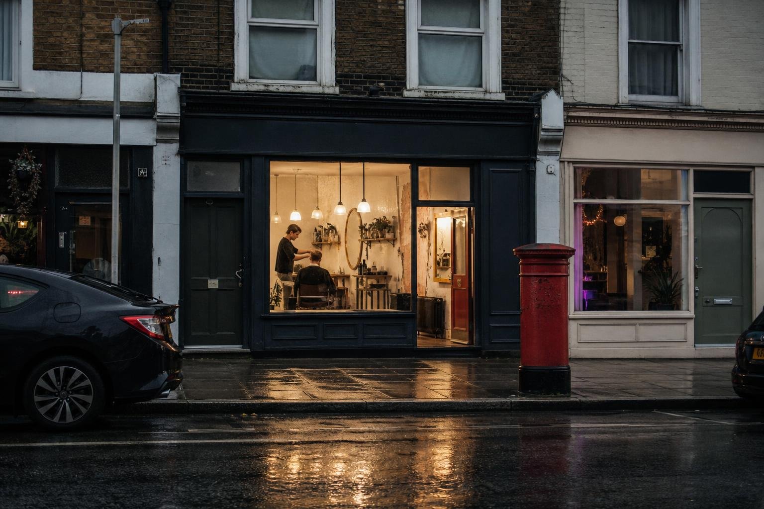 A lit salon shopfront across a wet street at dusk with nobody waiting inside, two weeks into Google Ads for a salon
