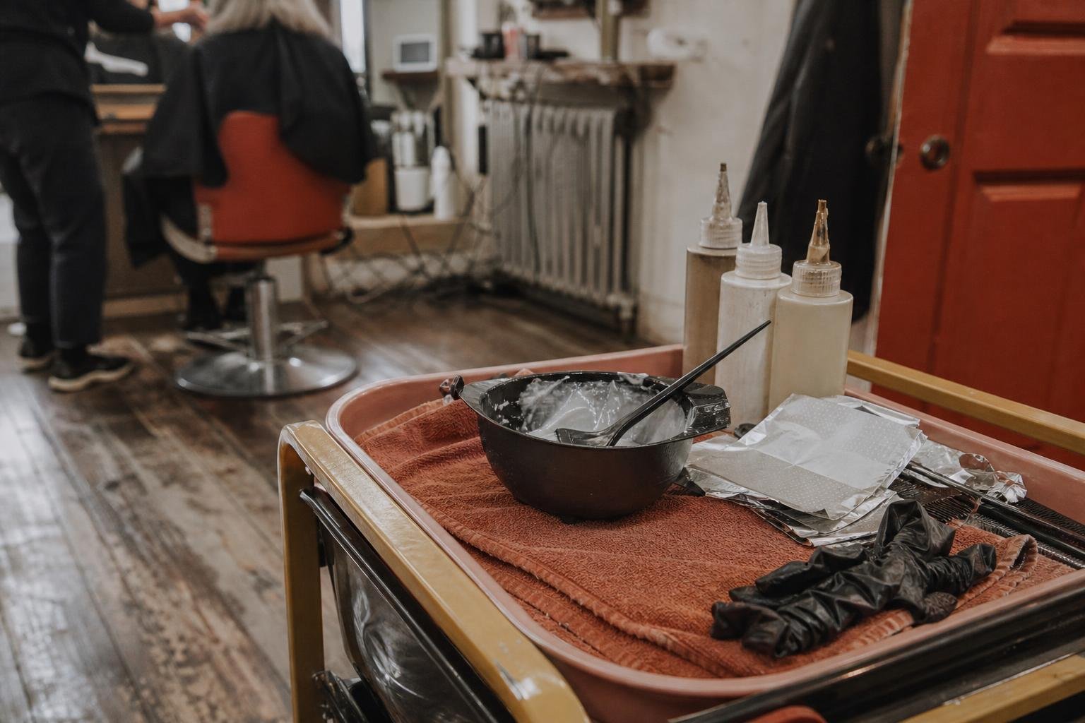 A salon colour trolley: tint bowl, brush, foils and gloves laid out on a folded towel