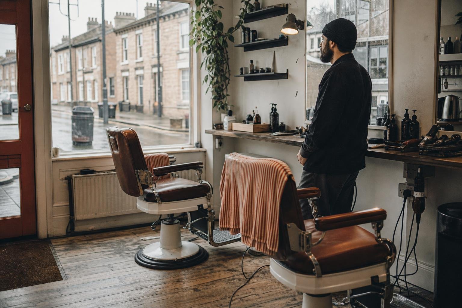 A barber waiting between customers in the kind of independent shop that has to compete with a cheap barber down the road