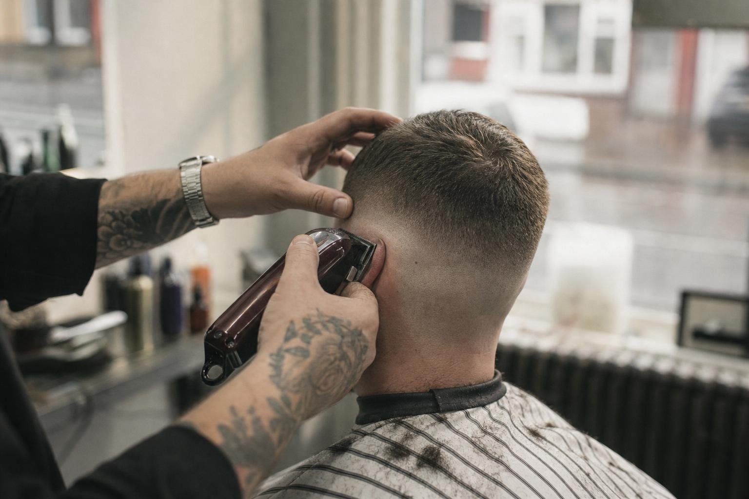 A barber's hands clippering a skin fade, the longer work a cheap barber down the road rarely wants to take on