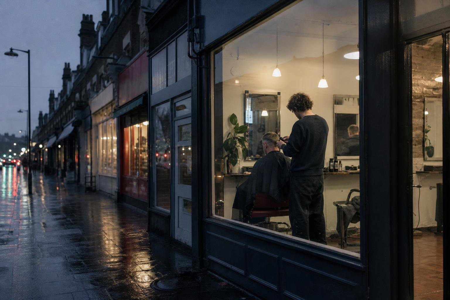 A lit barbershop window on a wet high street at dusk, a parade of shops where the cheap barber down the road opened