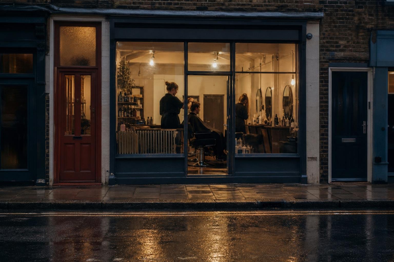 A small salon lit up on a wet British high street at dusk, where hair extension clients search before they book