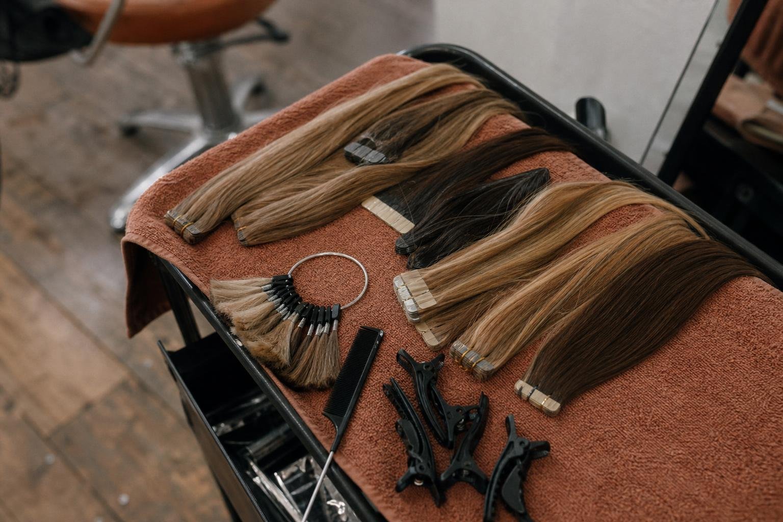 Tape and weft extensions in several shades on a salon trolley with a shade ring, set out for hair extension clients