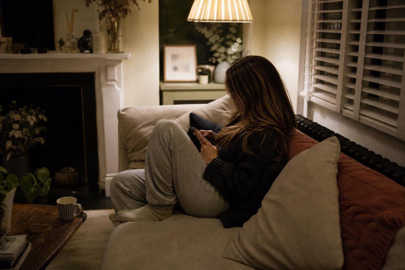 A woman scrolling her phone on the sofa at night, where a new hair extension client's search for a fitter can begin