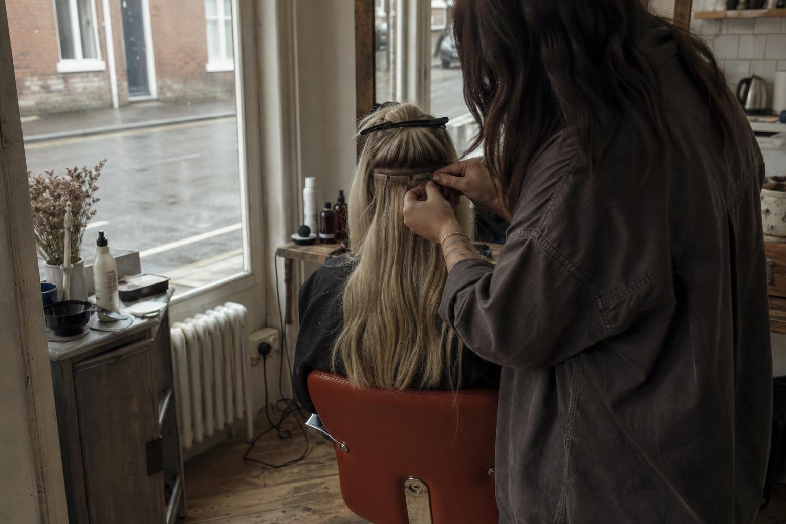 A stylist fitting tape hair extensions by a rain-wet window, the kind of booking more hair extension clients means