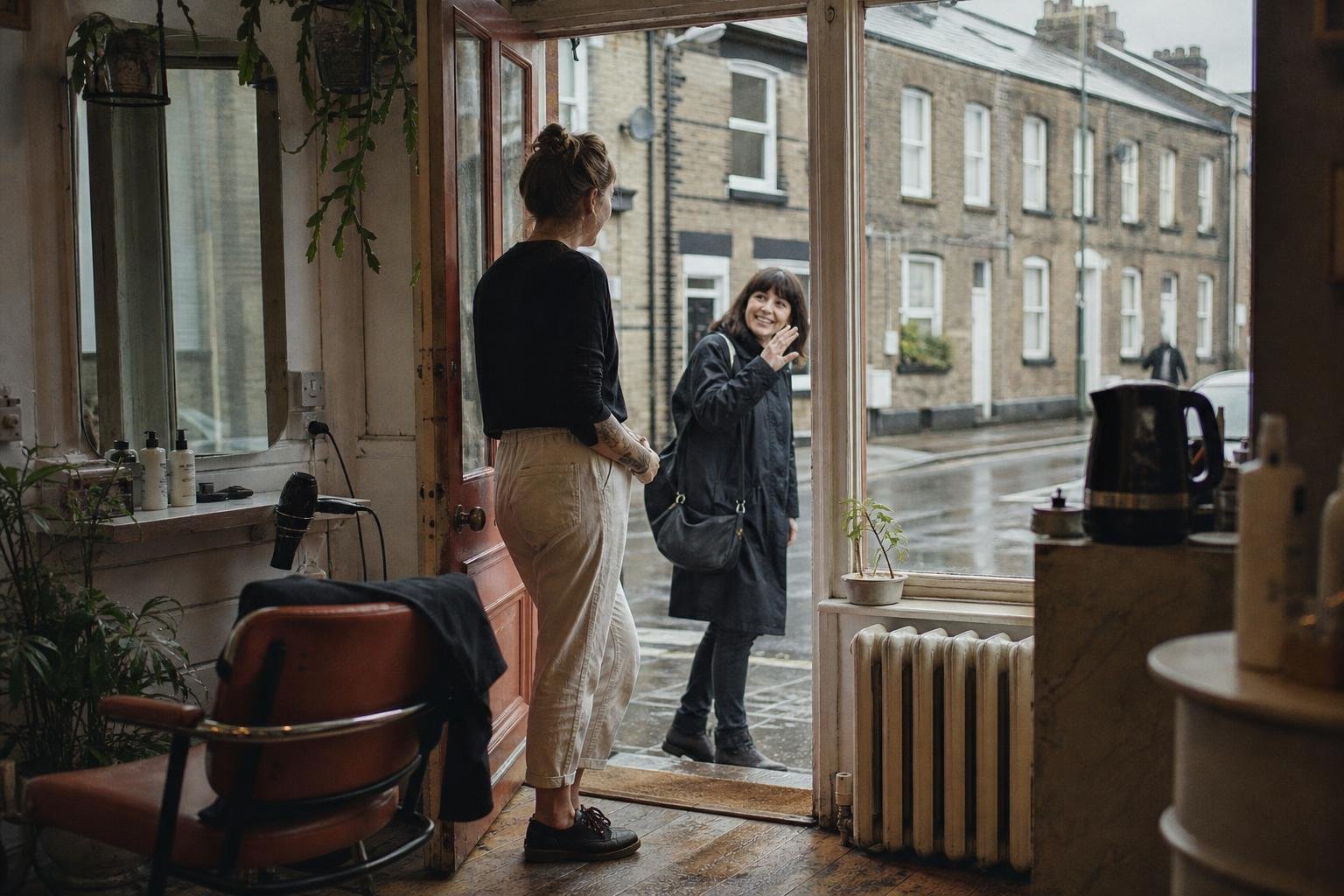 A stylist waving a client off at the shop door onto a wet terraced street