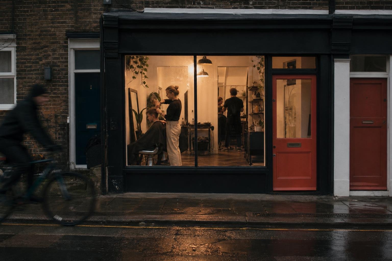 A small salon shopfront lit up across a wet street at dusk, a cyclist passing