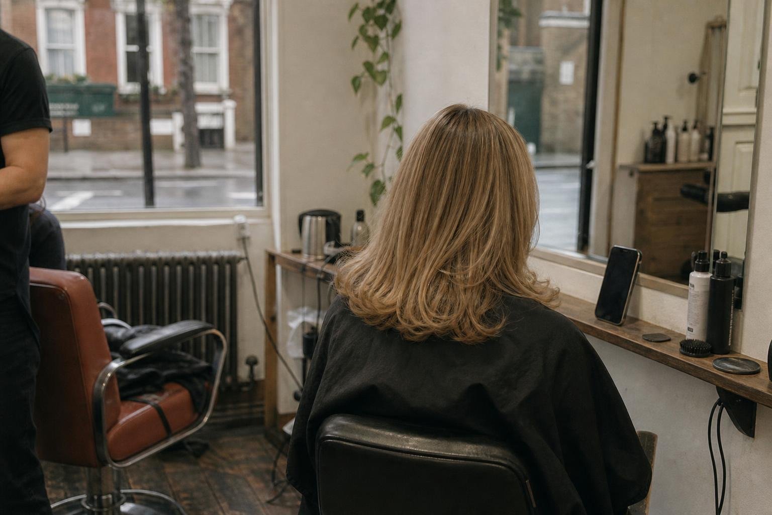 A phone propped face-away against a salon mirror beside a finished blow-dry