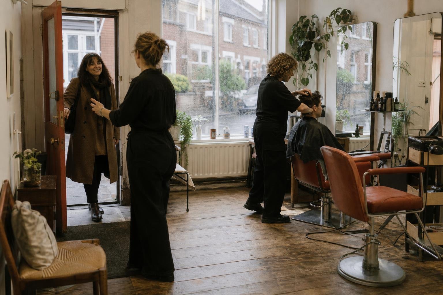 A stylist greeting a new client at the salon door, with no way of telling if the booking came from her Google ad