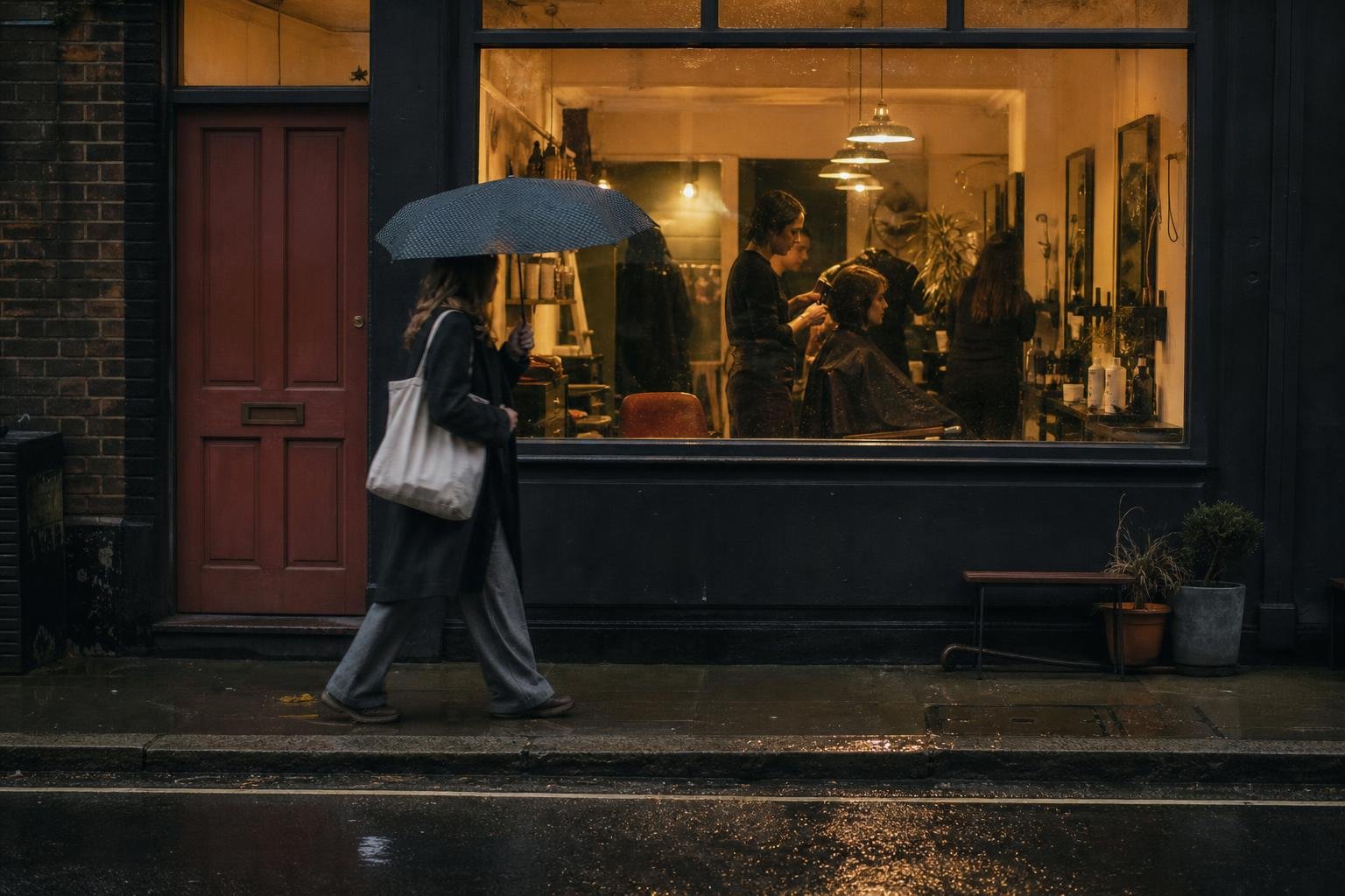 A lit salon window on a wet evening as a woman walks past, someone a Google ad may reach with no booking to show