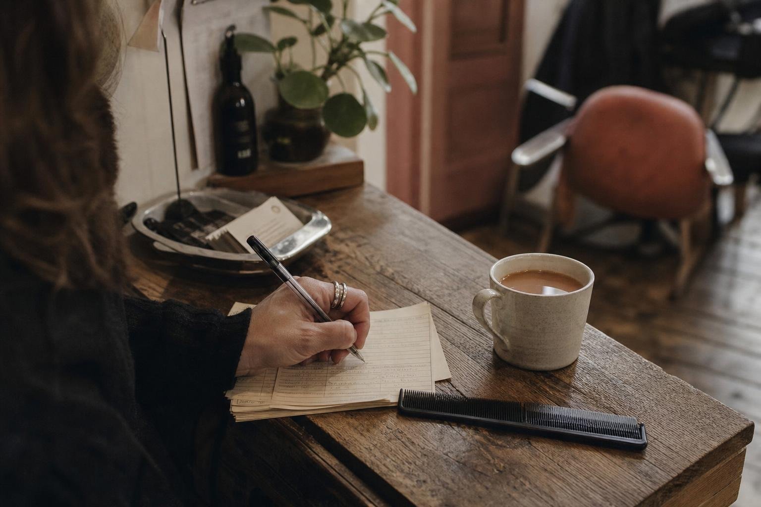 A hairdresser noting on a record card whether a new client's booking came from a Google ad, beside a comb and tea
