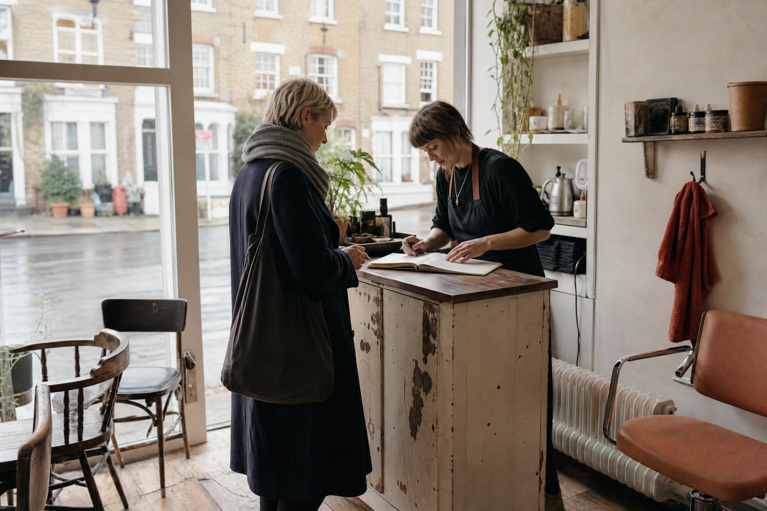 A salon owner writing a client into the paper diary at reception, the sort of independent salon a Groupon deal targets