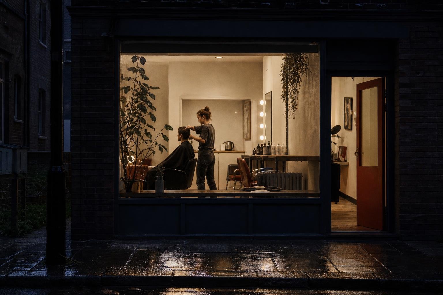 A lit salon window on a wet evening, the quiet weekday trade a Groupon deal for a salon is meant to fill