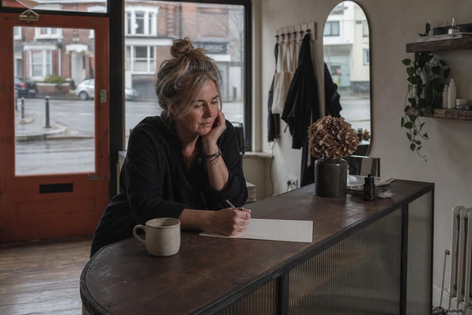A salon owner at her counter after closing, working out on paper whether a marketing agency is worth it for her salon